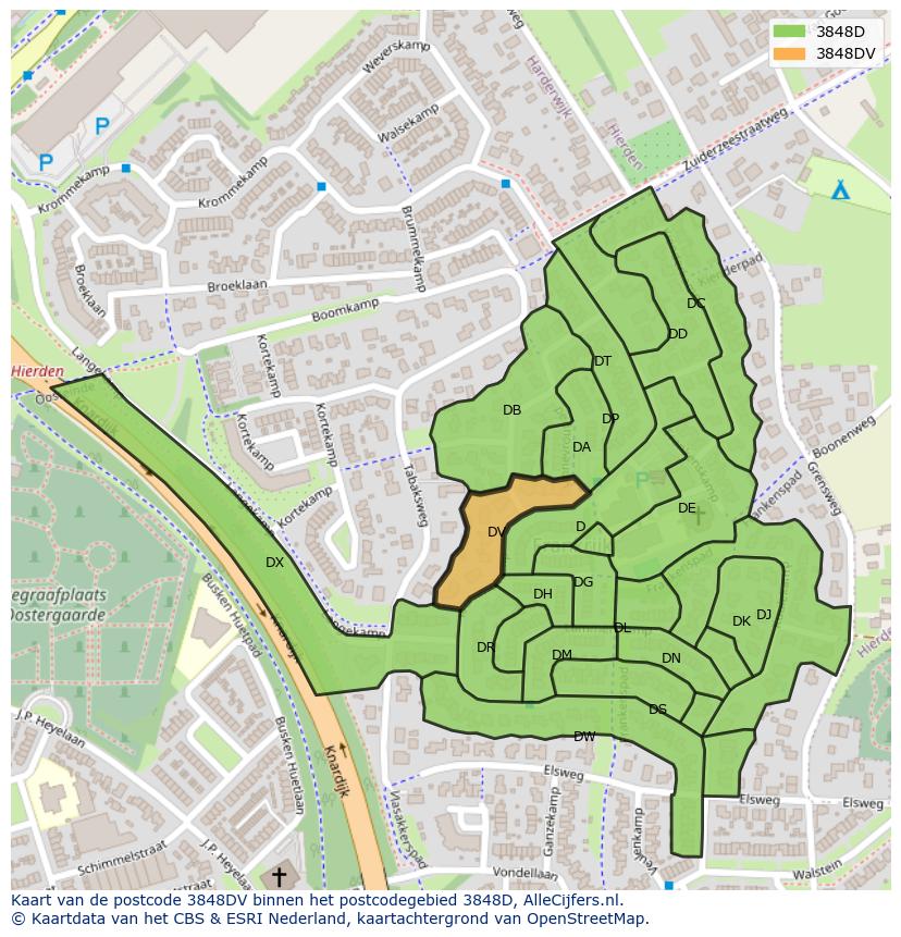Afbeelding van het postcodegebied 3848 DV op de kaart.