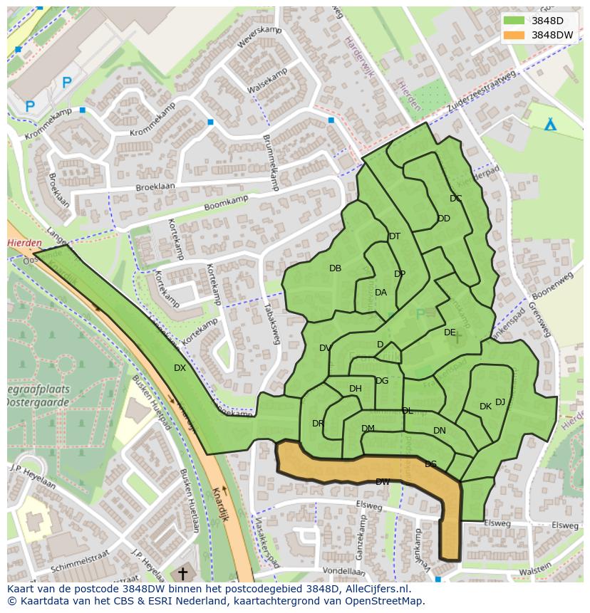 Afbeelding van het postcodegebied 3848 DW op de kaart.