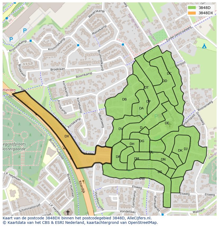 Afbeelding van het postcodegebied 3848 DX op de kaart.