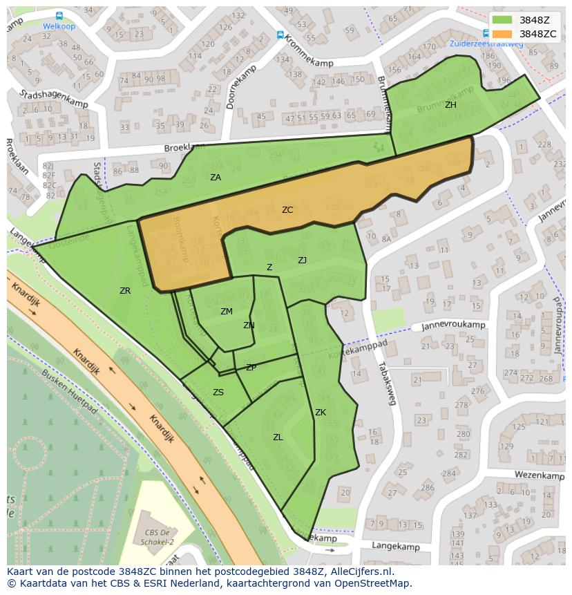 Afbeelding van het postcodegebied 3848 ZC op de kaart.
