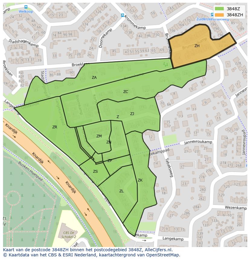 Afbeelding van het postcodegebied 3848 ZH op de kaart.