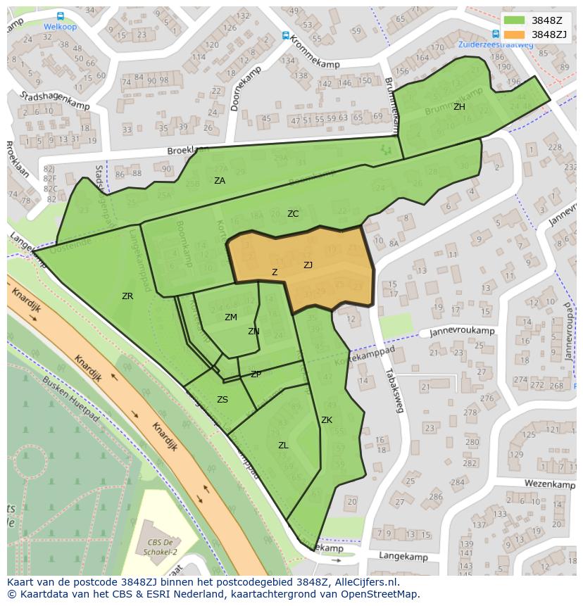 Afbeelding van het postcodegebied 3848 ZJ op de kaart.