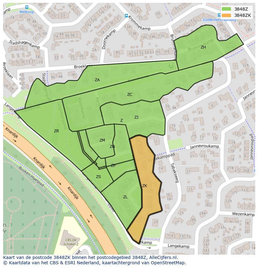 Afbeelding van het postcodegebied 3848 ZK op de kaart.