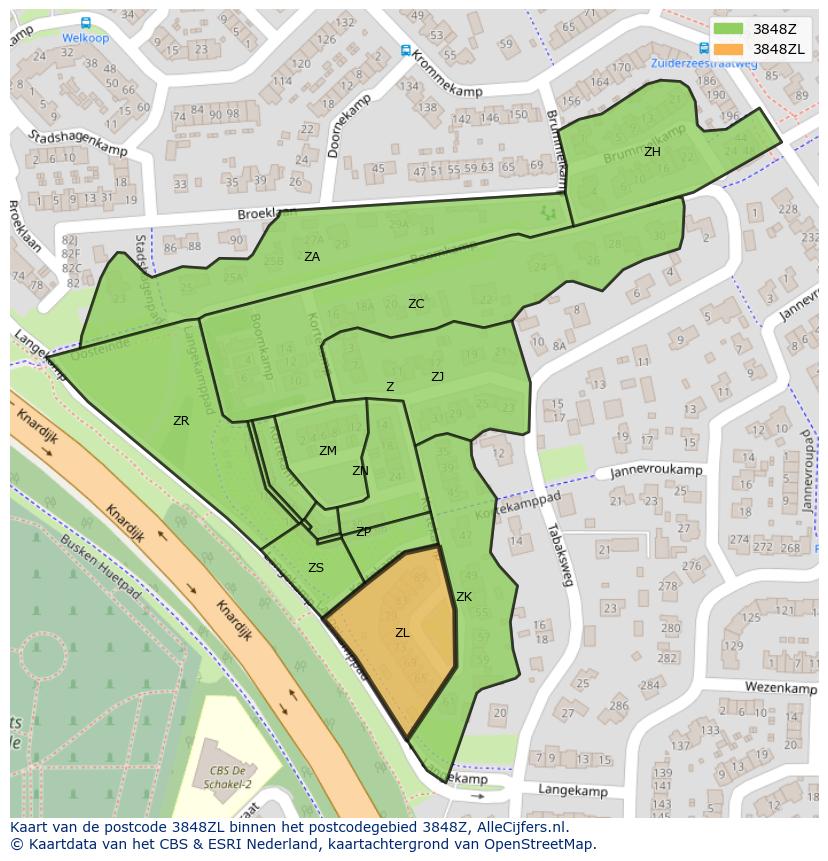 Afbeelding van het postcodegebied 3848 ZL op de kaart.