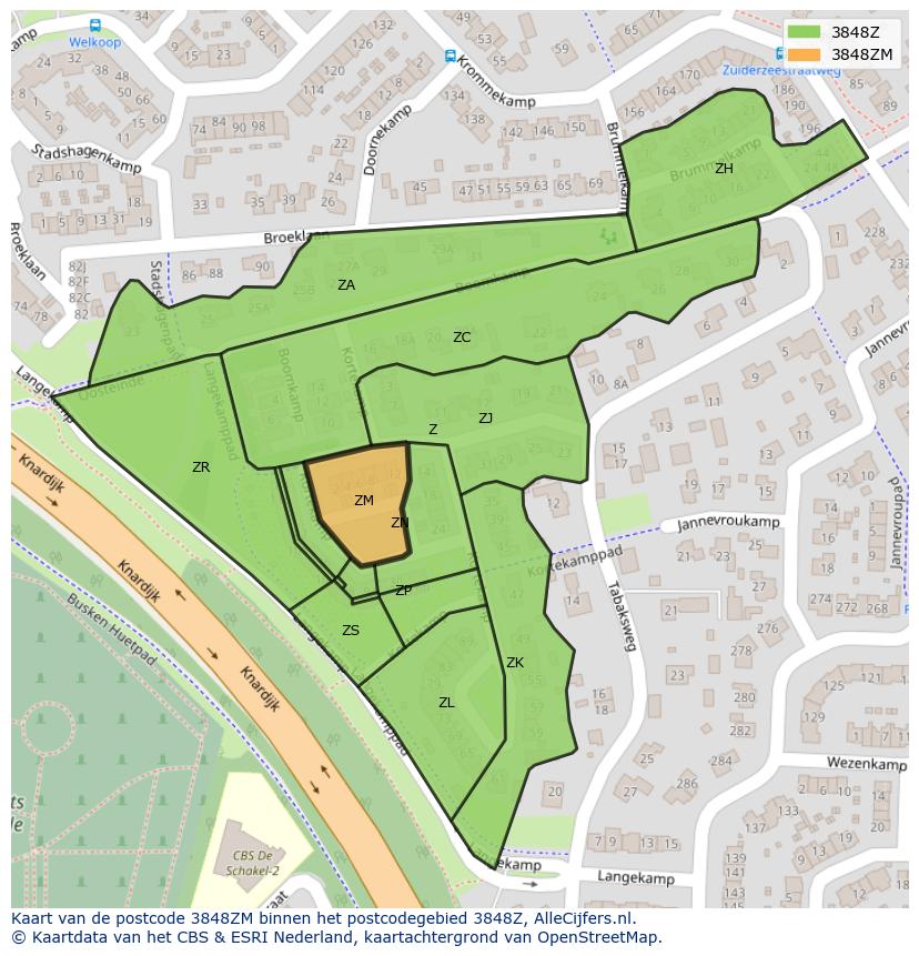 Afbeelding van het postcodegebied 3848 ZM op de kaart.