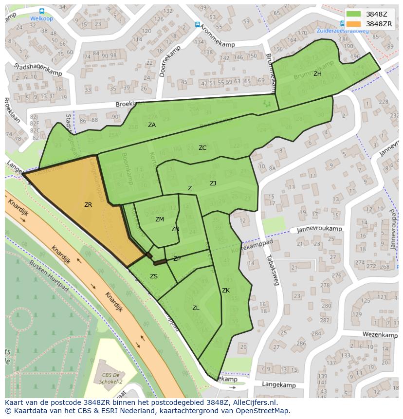 Afbeelding van het postcodegebied 3848 ZR op de kaart.