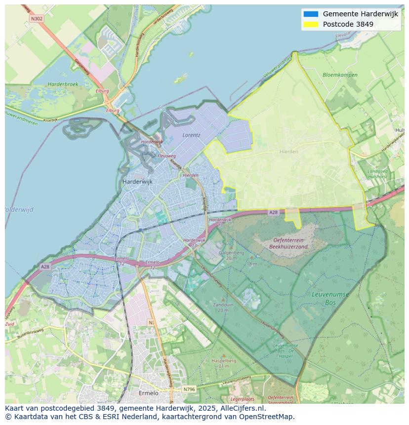 Afbeelding van het postcodegebied 3849 op de kaart.
