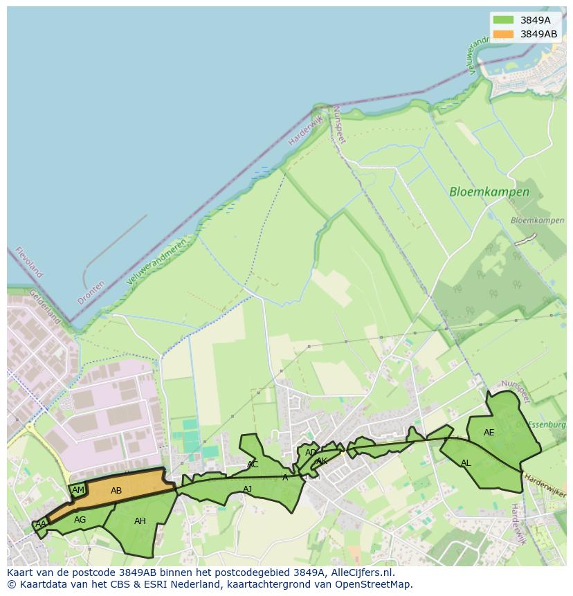 Afbeelding van het postcodegebied 3849 AB op de kaart.