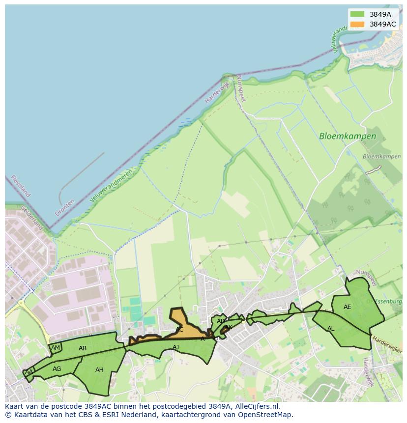 Afbeelding van het postcodegebied 3849 AC op de kaart.