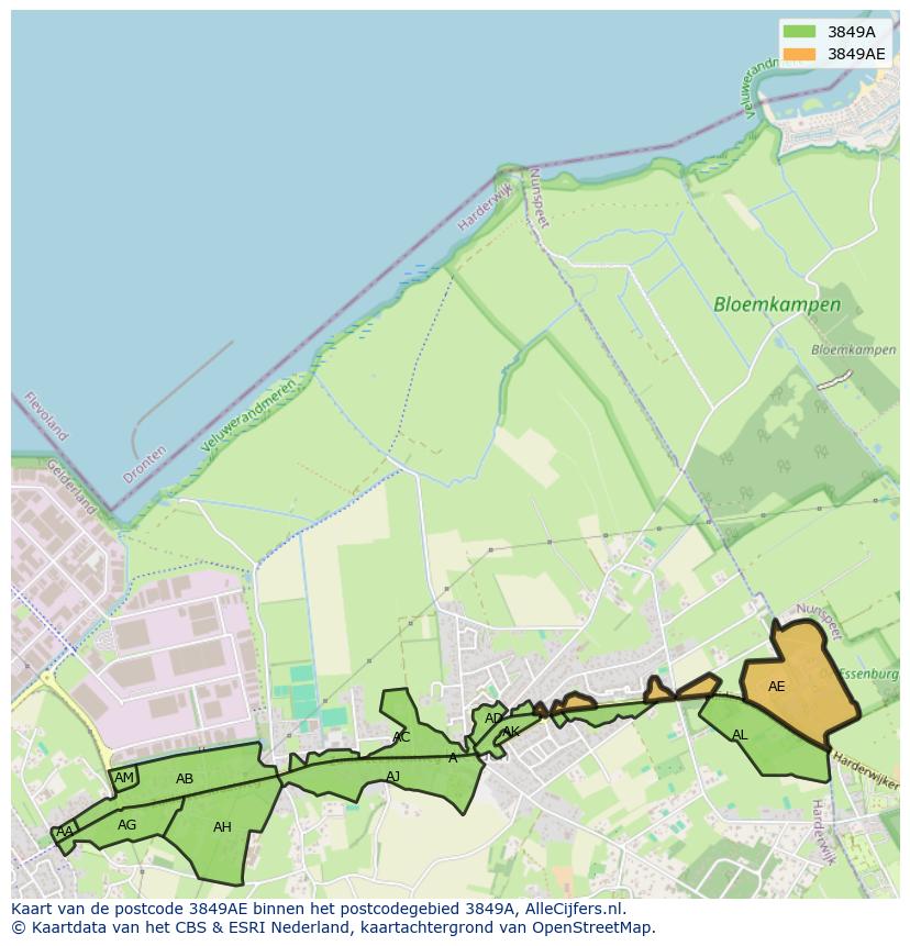 Afbeelding van het postcodegebied 3849 AE op de kaart.