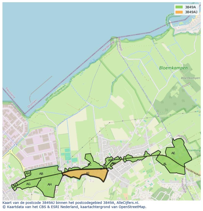 Afbeelding van het postcodegebied 3849 AJ op de kaart.