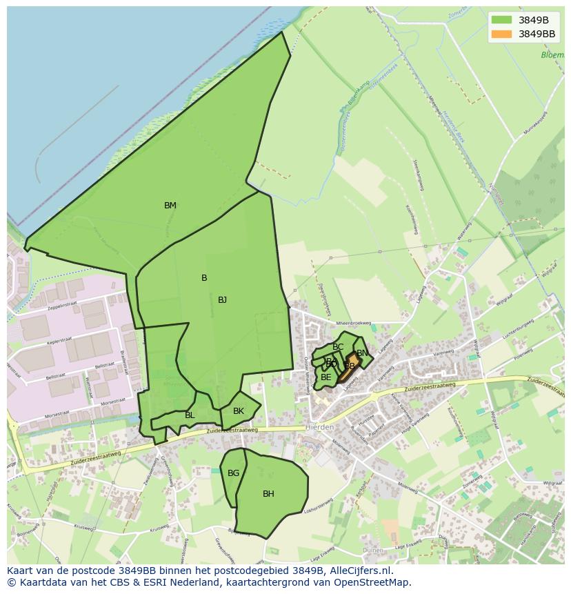 Afbeelding van het postcodegebied 3849 BB op de kaart.