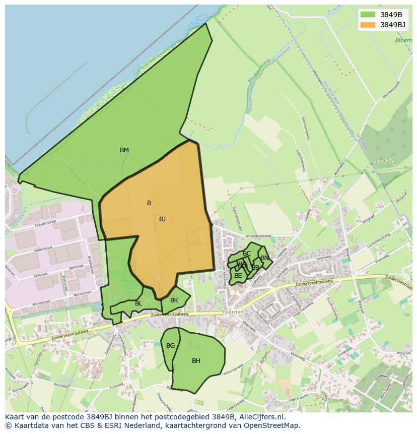 Afbeelding van het postcodegebied 3849 BJ op de kaart.