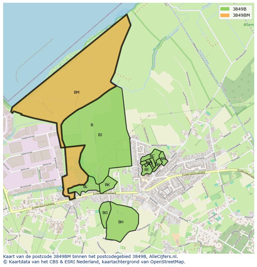 Afbeelding van het postcodegebied 3849 BM op de kaart.