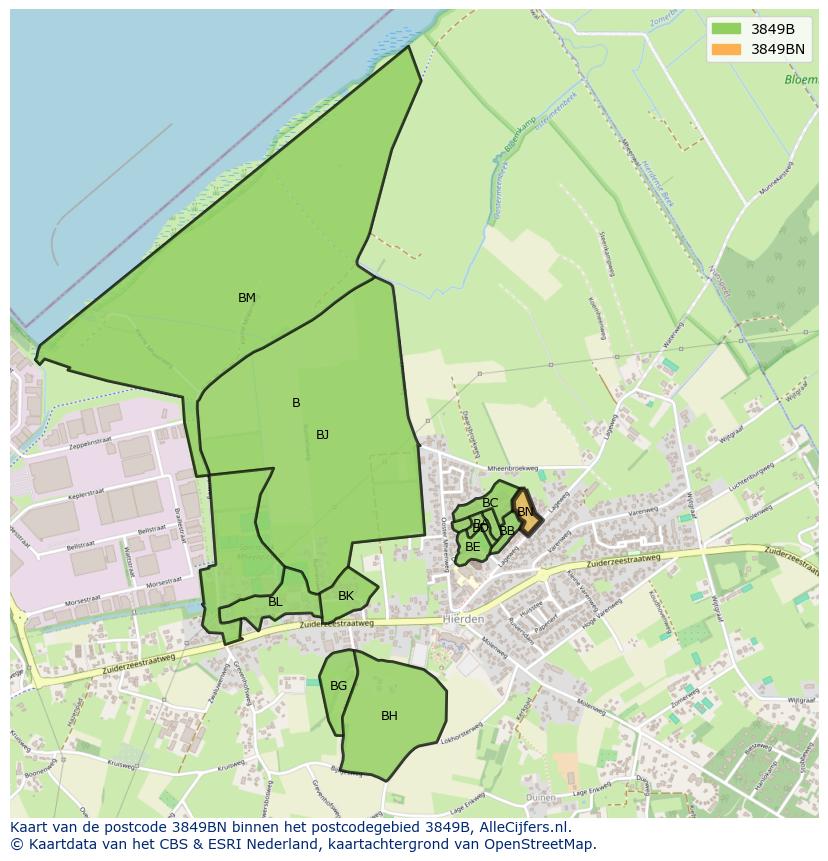 Afbeelding van het postcodegebied 3849 BN op de kaart.