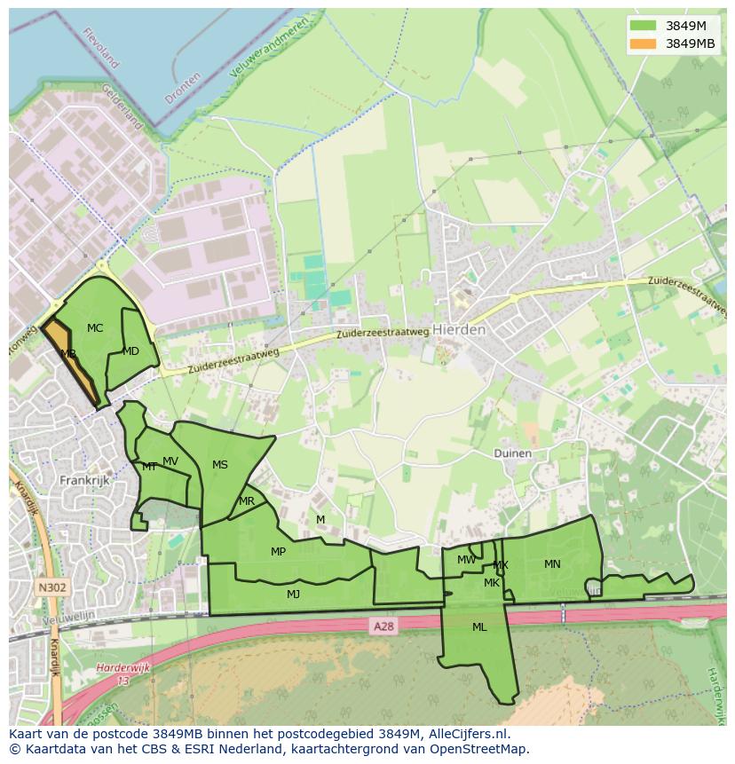 Afbeelding van het postcodegebied 3849 MB op de kaart.