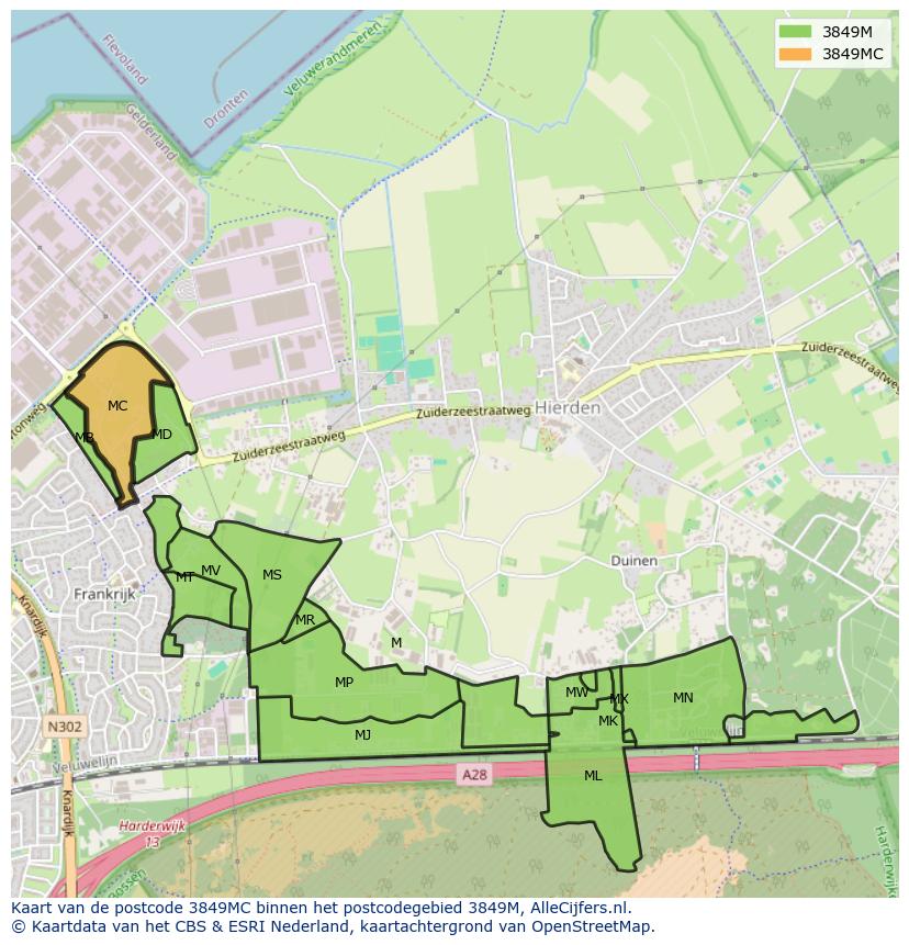 Afbeelding van het postcodegebied 3849 MC op de kaart.