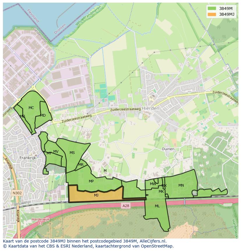 Afbeelding van het postcodegebied 3849 MJ op de kaart.
