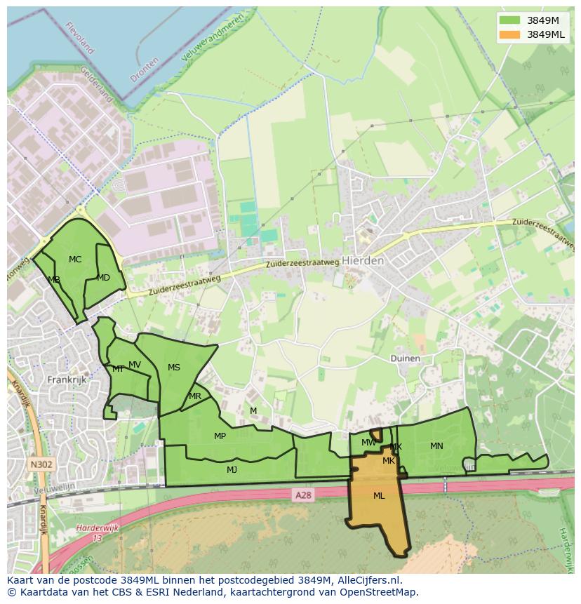 Afbeelding van het postcodegebied 3849 ML op de kaart.