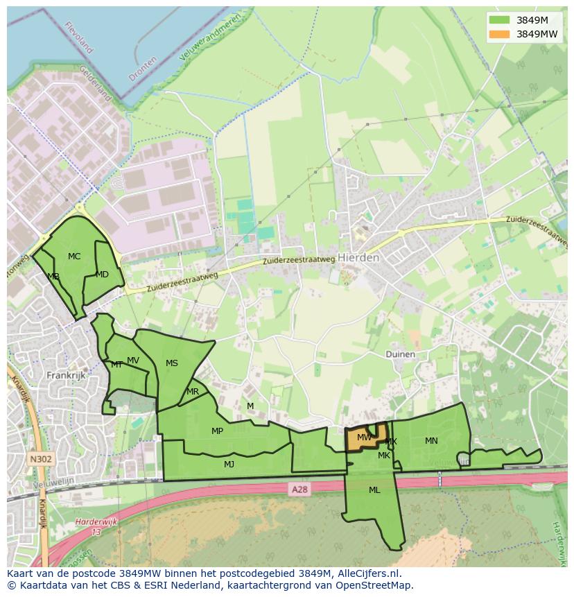 Afbeelding van het postcodegebied 3849 MW op de kaart.