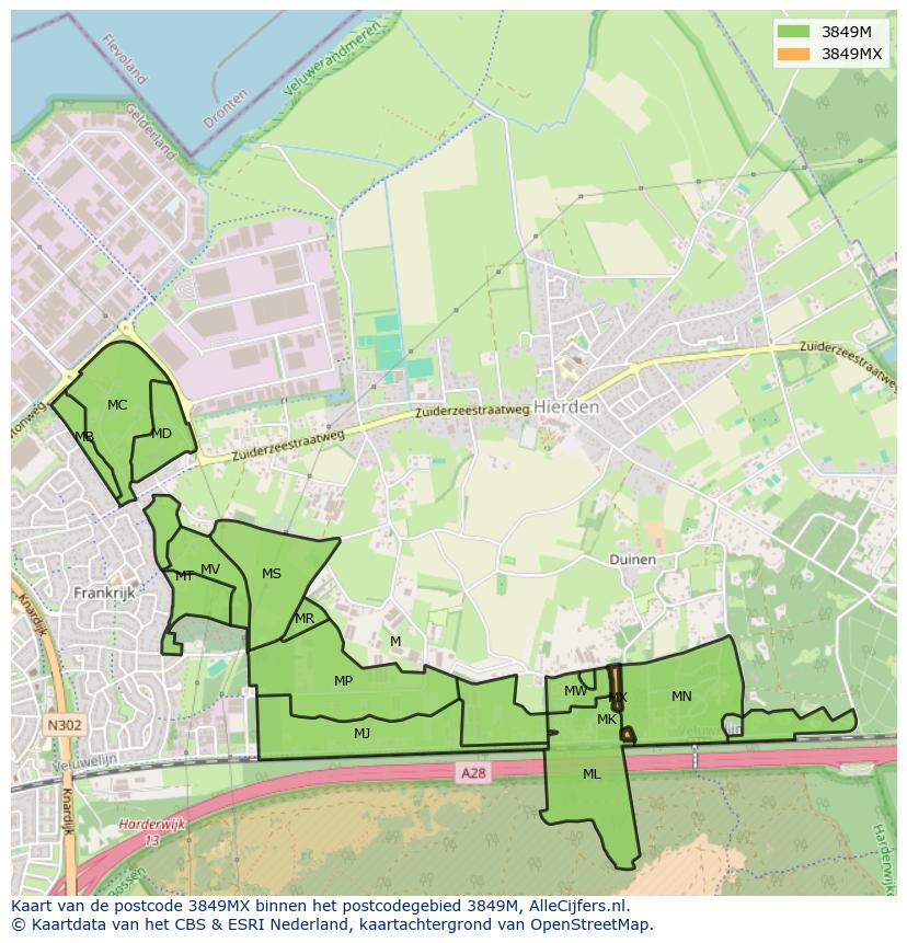 Afbeelding van het postcodegebied 3849 MX op de kaart.