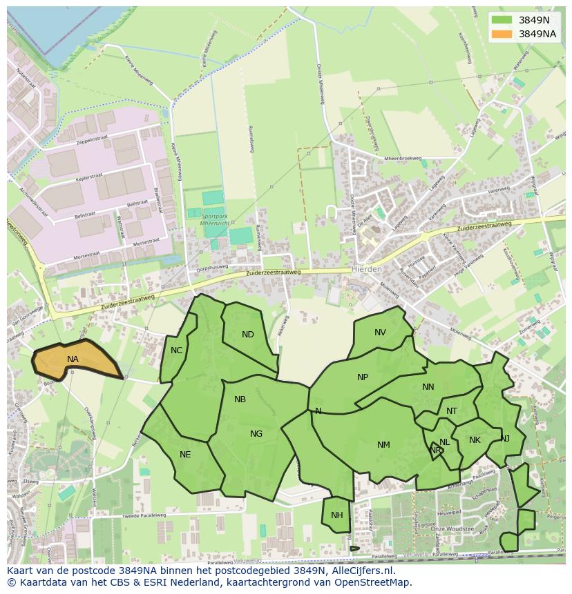 Afbeelding van het postcodegebied 3849 NA op de kaart.