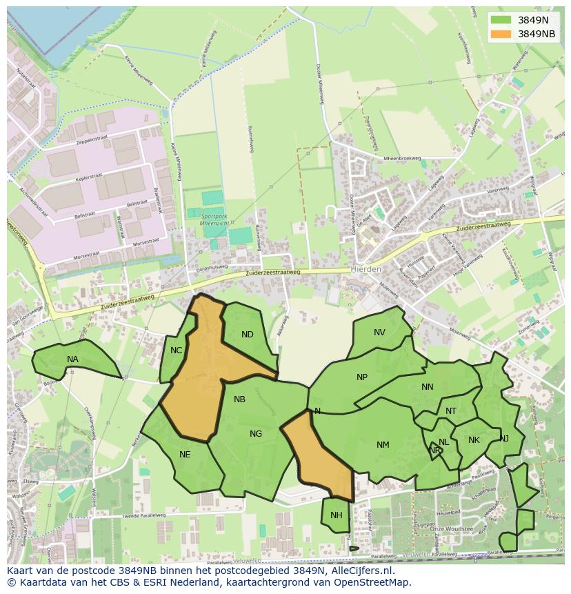 Afbeelding van het postcodegebied 3849 NB op de kaart.