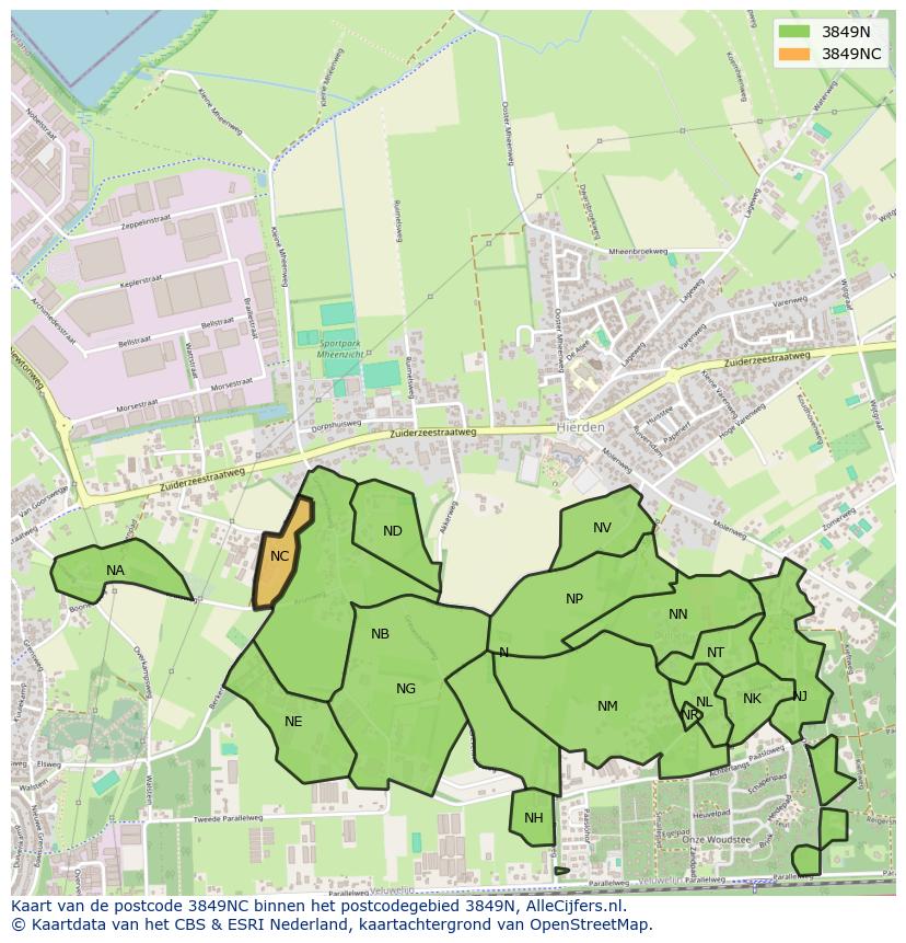 Afbeelding van het postcodegebied 3849 NC op de kaart.