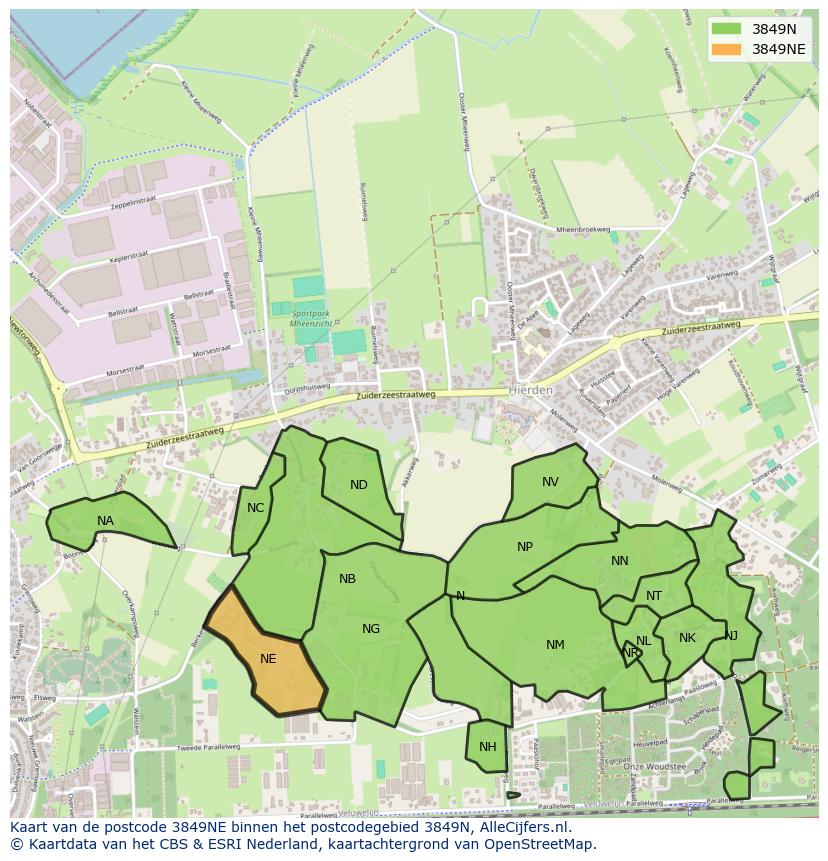 Afbeelding van het postcodegebied 3849 NE op de kaart.