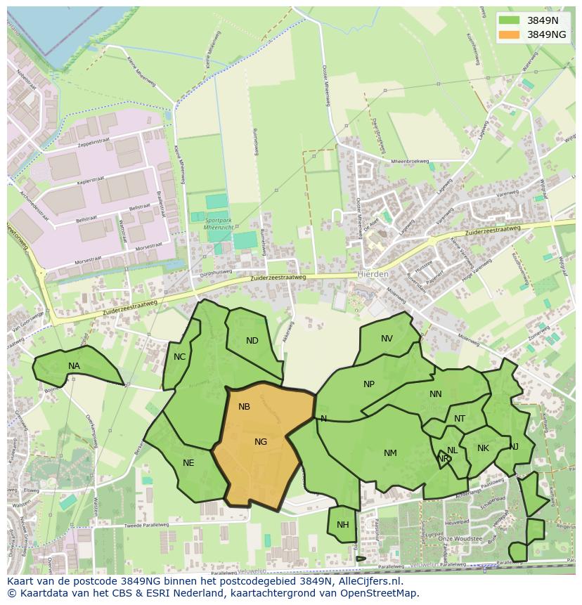 Afbeelding van het postcodegebied 3849 NG op de kaart.