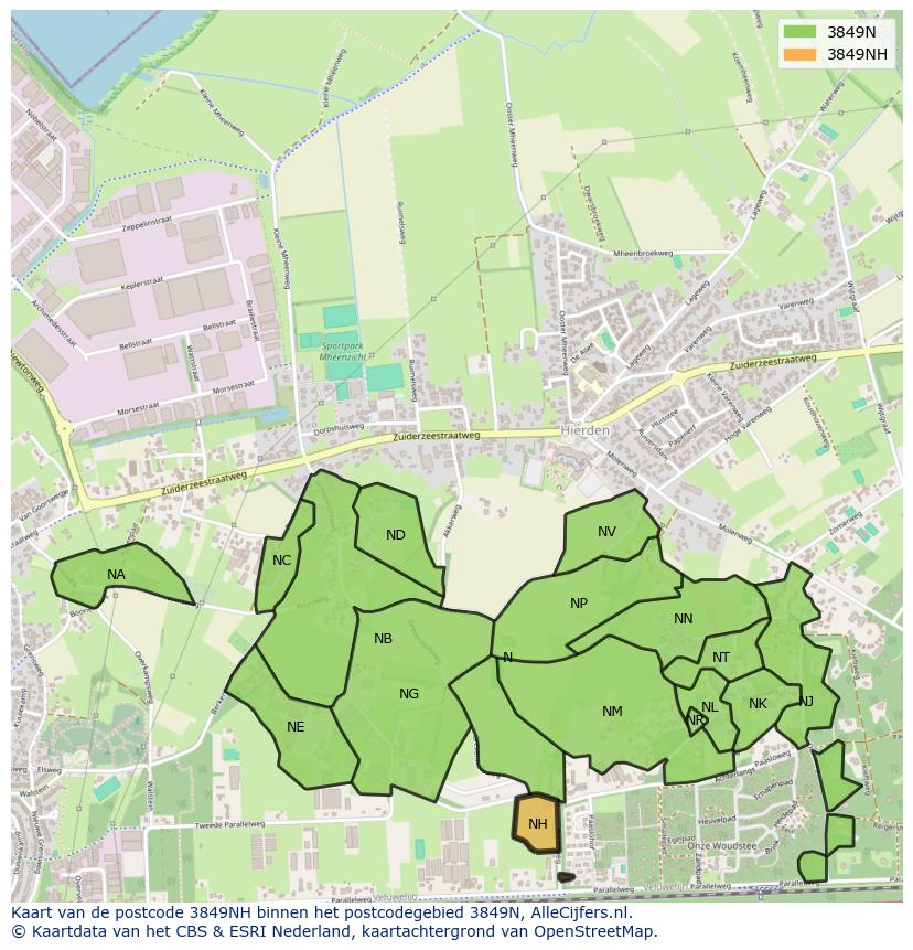 Afbeelding van het postcodegebied 3849 NH op de kaart.