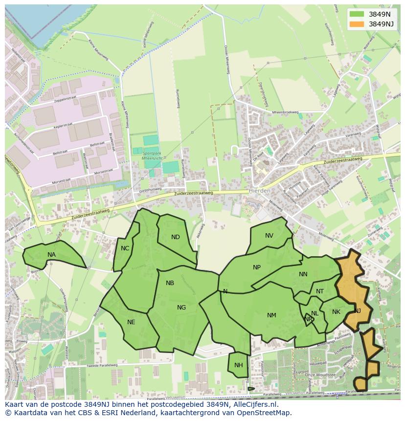 Afbeelding van het postcodegebied 3849 NJ op de kaart.