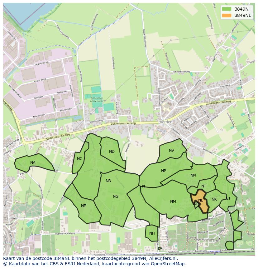 Afbeelding van het postcodegebied 3849 NL op de kaart.
