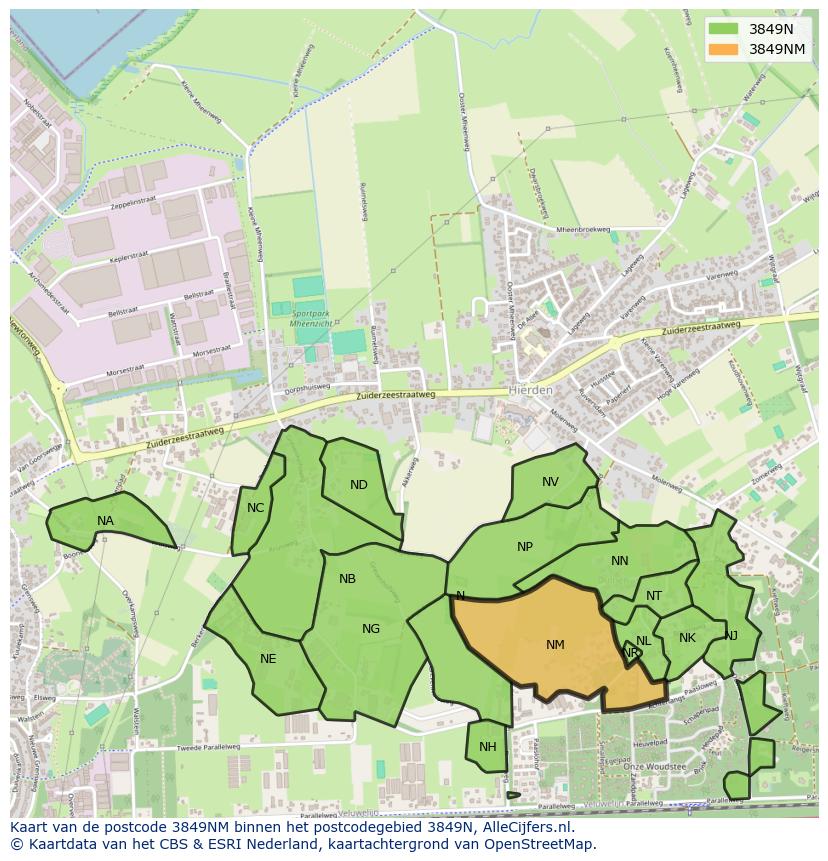 Afbeelding van het postcodegebied 3849 NM op de kaart.