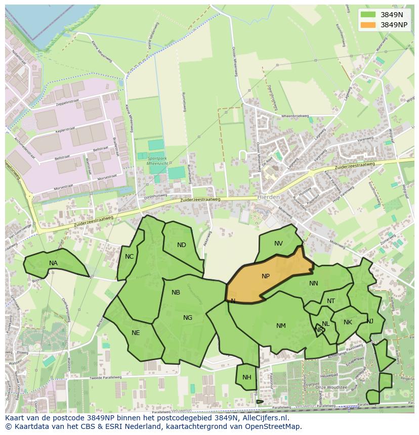 Afbeelding van het postcodegebied 3849 NP op de kaart.