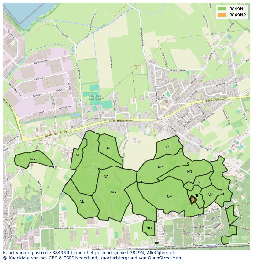 Afbeelding van het postcodegebied 3849 NR op de kaart.