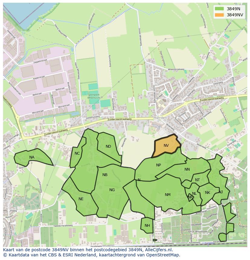 Afbeelding van het postcodegebied 3849 NV op de kaart.