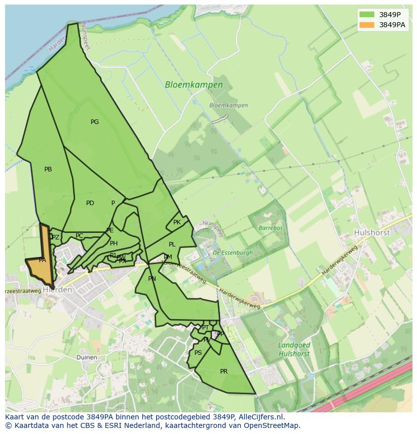 Afbeelding van het postcodegebied 3849 PA op de kaart.