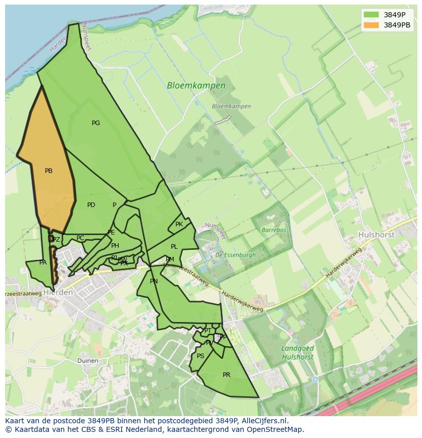 Afbeelding van het postcodegebied 3849 PB op de kaart.