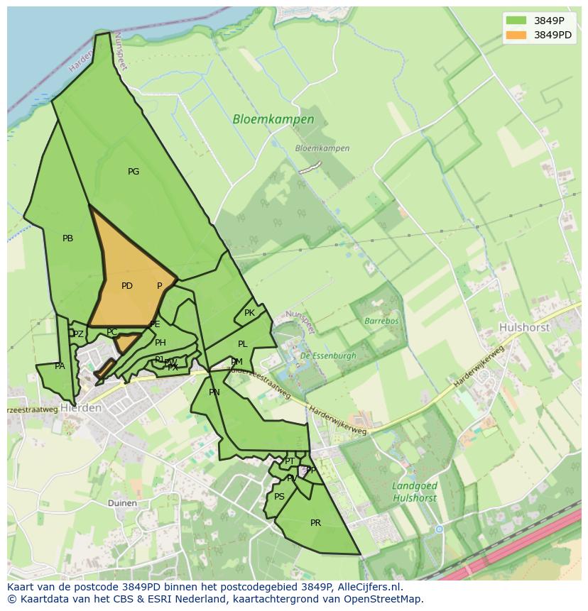Afbeelding van het postcodegebied 3849 PD op de kaart.
