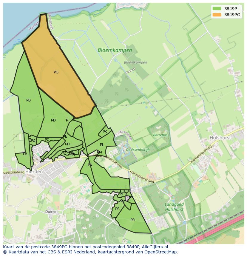 Afbeelding van het postcodegebied 3849 PG op de kaart.