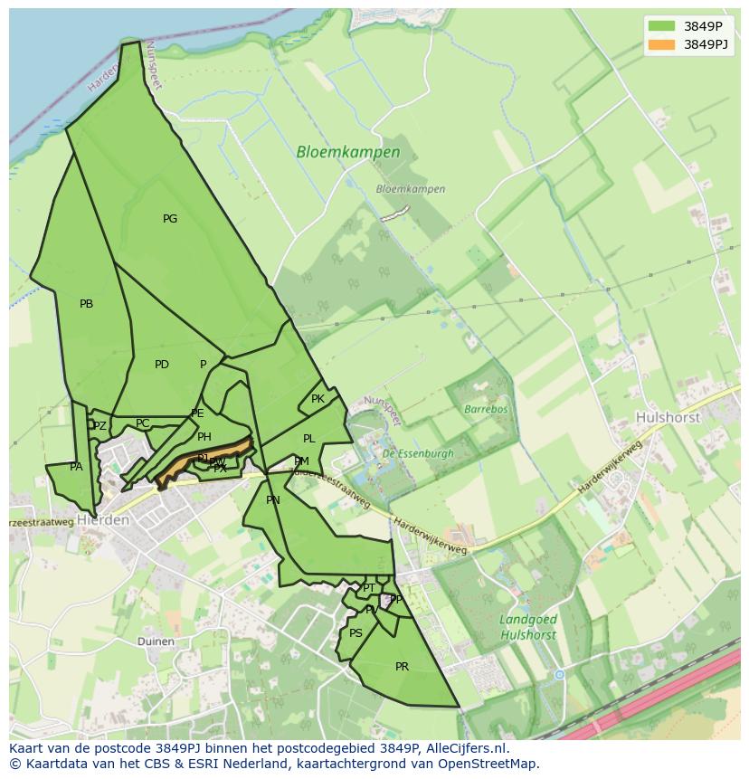Afbeelding van het postcodegebied 3849 PJ op de kaart.