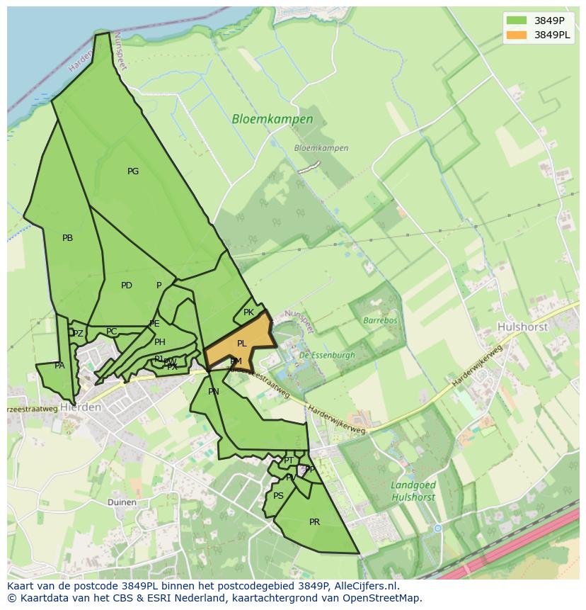 Afbeelding van het postcodegebied 3849 PL op de kaart.