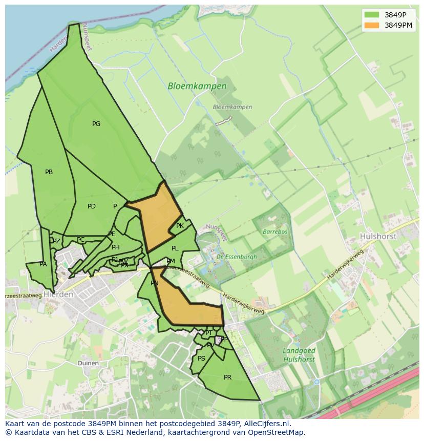 Afbeelding van het postcodegebied 3849 PM op de kaart.