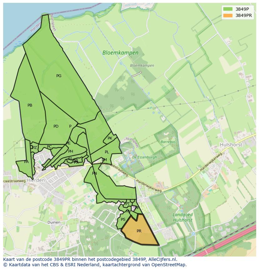 Afbeelding van het postcodegebied 3849 PR op de kaart.