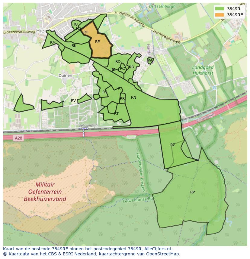 Afbeelding van het postcodegebied 3849 RE op de kaart.
