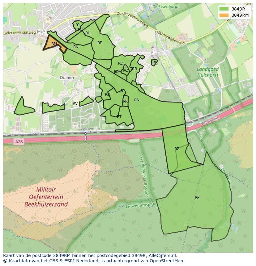 Afbeelding van het postcodegebied 3849 RM op de kaart.