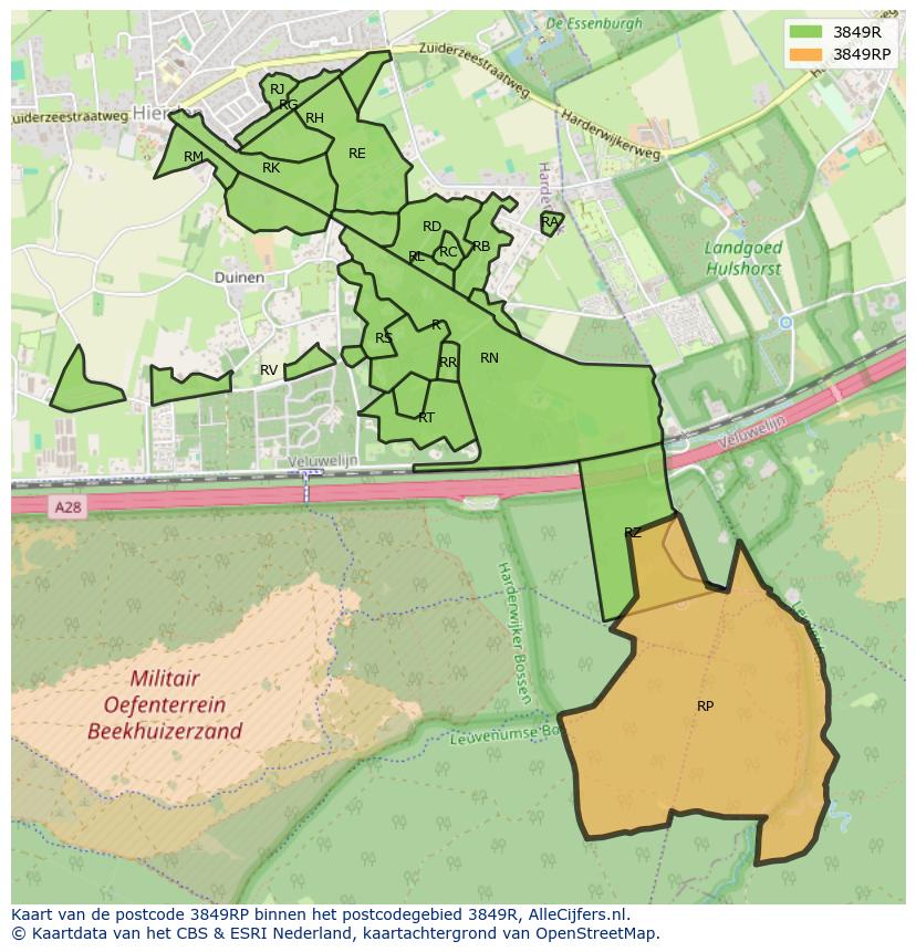 Afbeelding van het postcodegebied 3849 RP op de kaart.