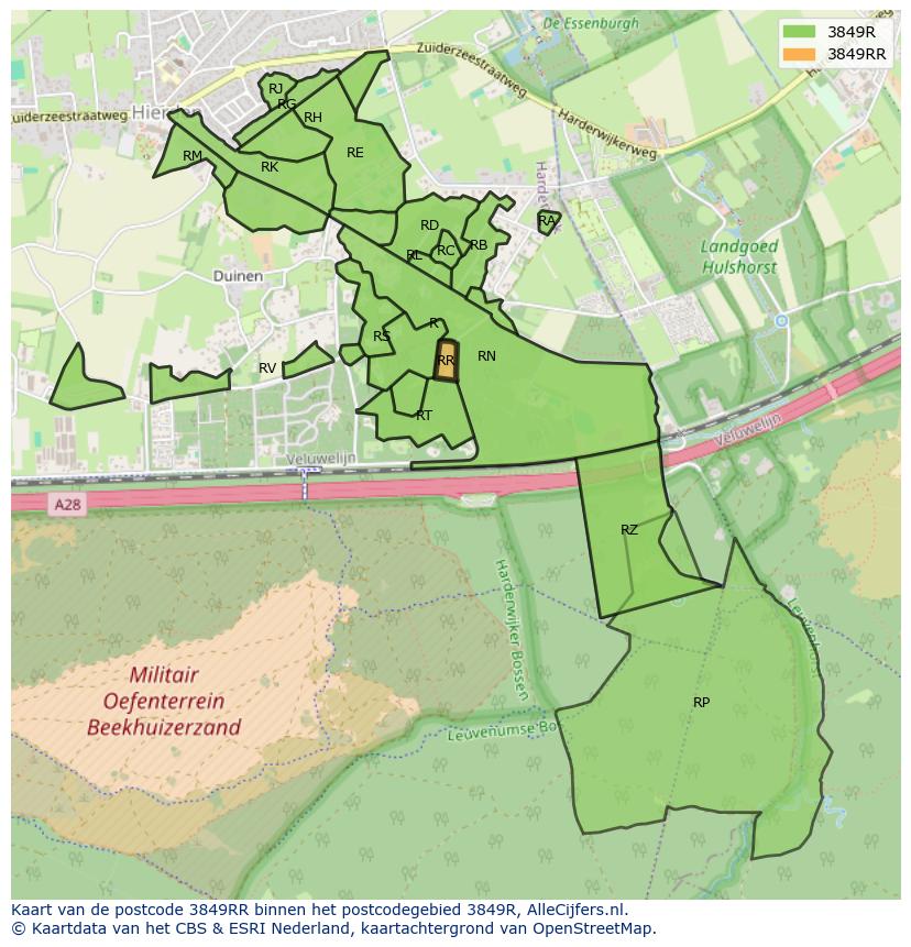 Afbeelding van het postcodegebied 3849 RR op de kaart.
