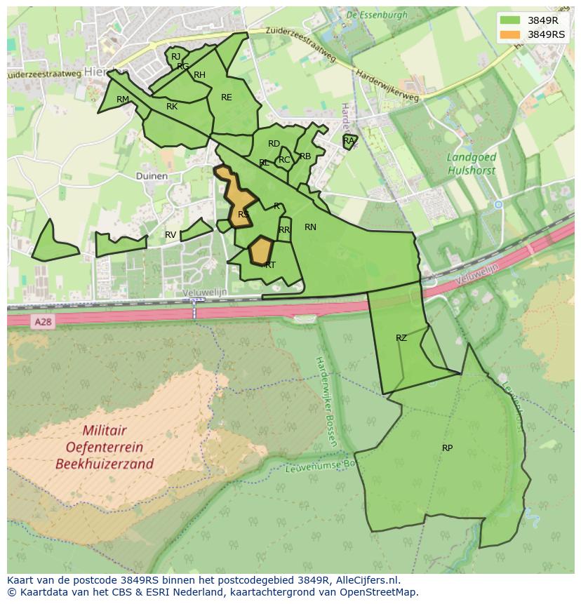 Afbeelding van het postcodegebied 3849 RS op de kaart.
